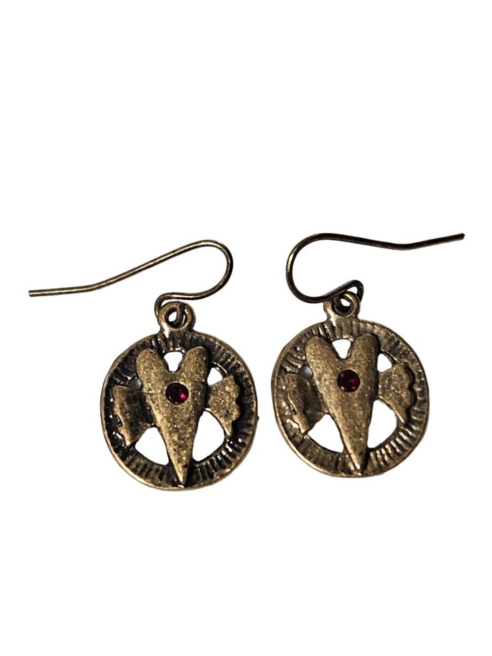Vintage Heart Wings Dangle Earrings Red Gem Gold Tone Retro Fashion Jewelry